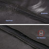 Close-up of a black fabric dust cover showing breathable and tear resistant features on a zipper.