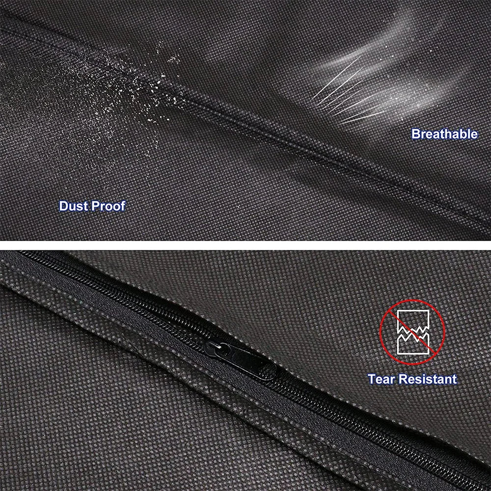 Close-up of a black fabric dust cover showing breathable and tear resistant features on a zipper.