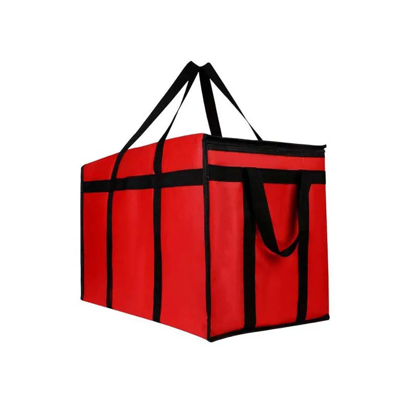A red reusable insulated warming bag with black handles and trim.