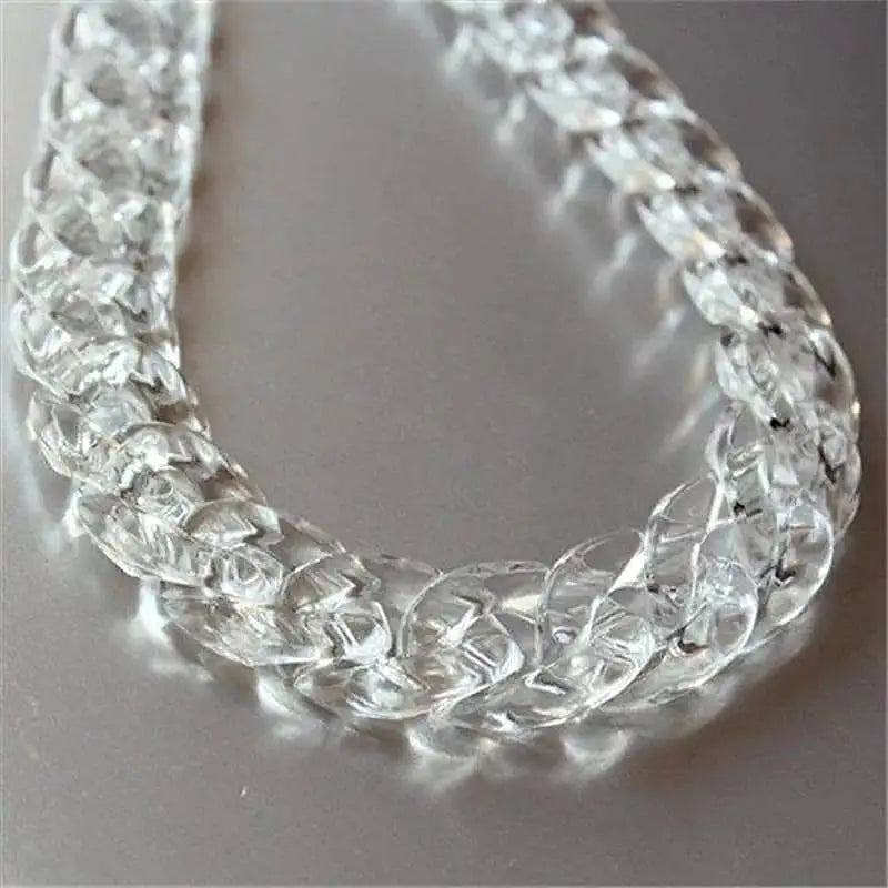A close-up of a clear acrylic statement choker necklace for women