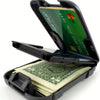 An open black wallet displaying an anti-RFID blocking metal ID card with a green background and yellow text.