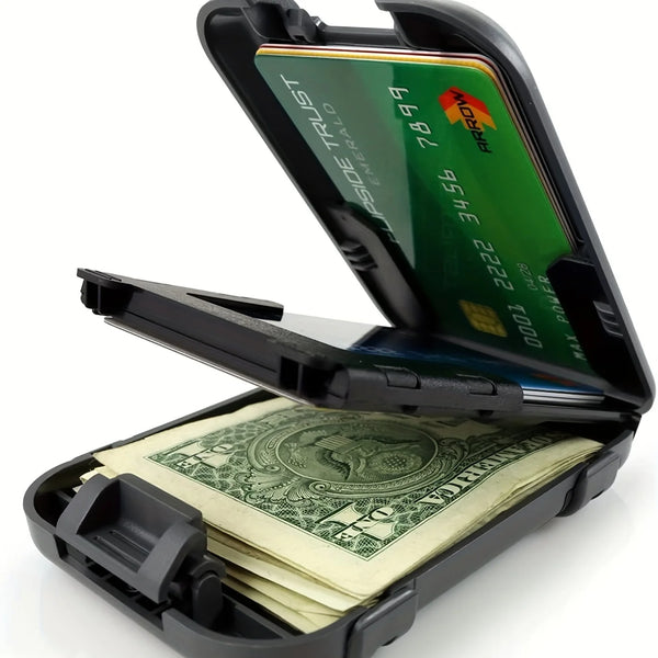 An open black wallet displaying an anti-RFID blocking metal ID card with a green background and yellow text.