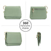 A light sage green genuine leather slim trifold wallet with a zipper pouch shown in multiple views.