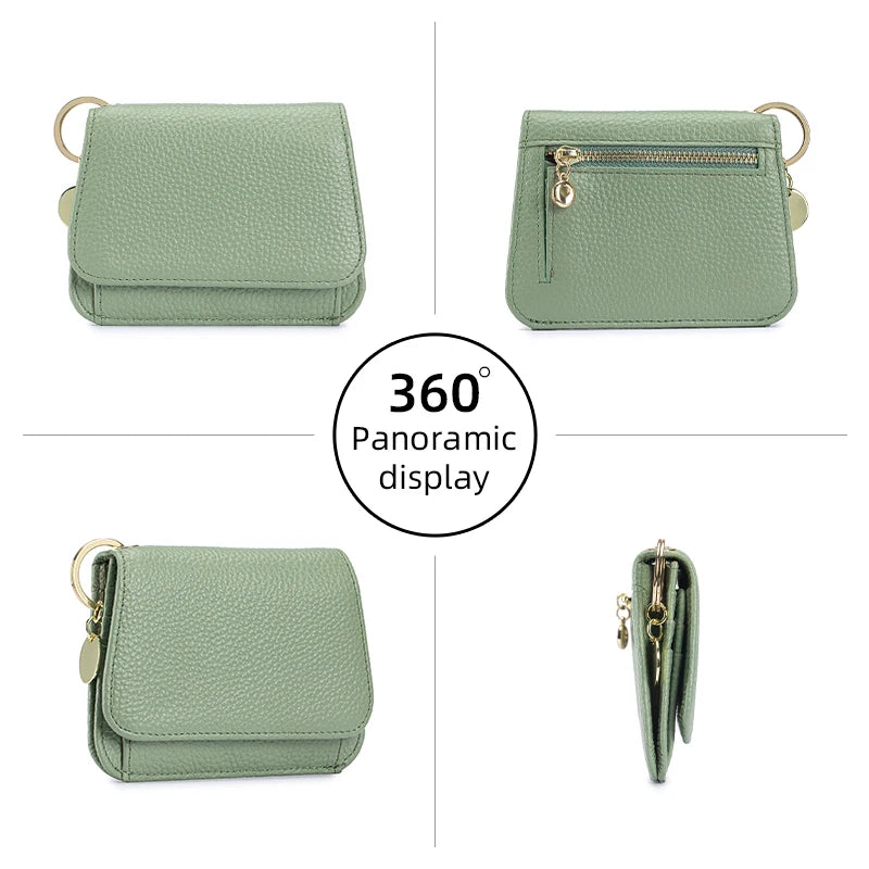 A light sage green genuine leather slim trifold wallet with a zipper pouch shown in multiple views.