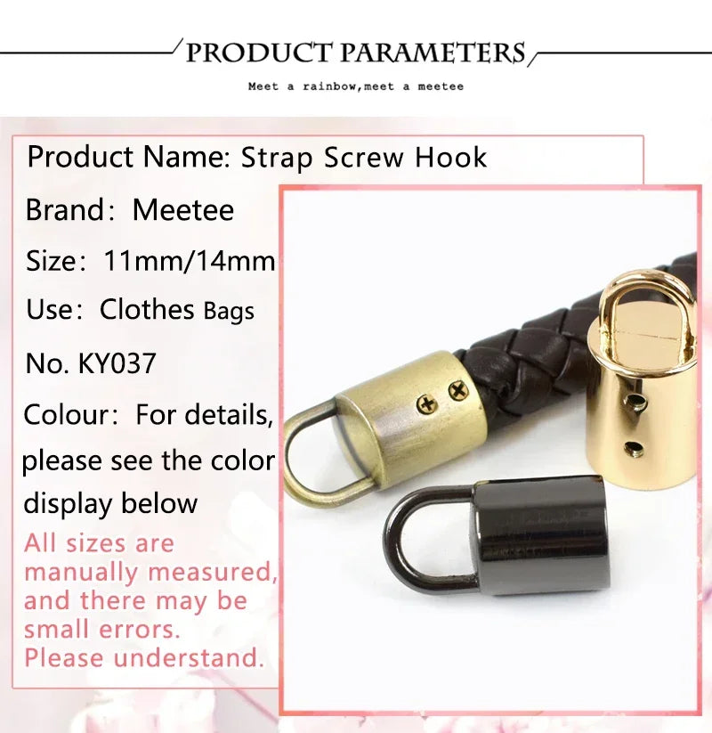 A brass strap screw hook and a black metal cord lock buckle are shown for bags and crafts.