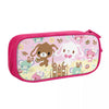 A pink zippered pencil case featuring cute animal and floral patterns.