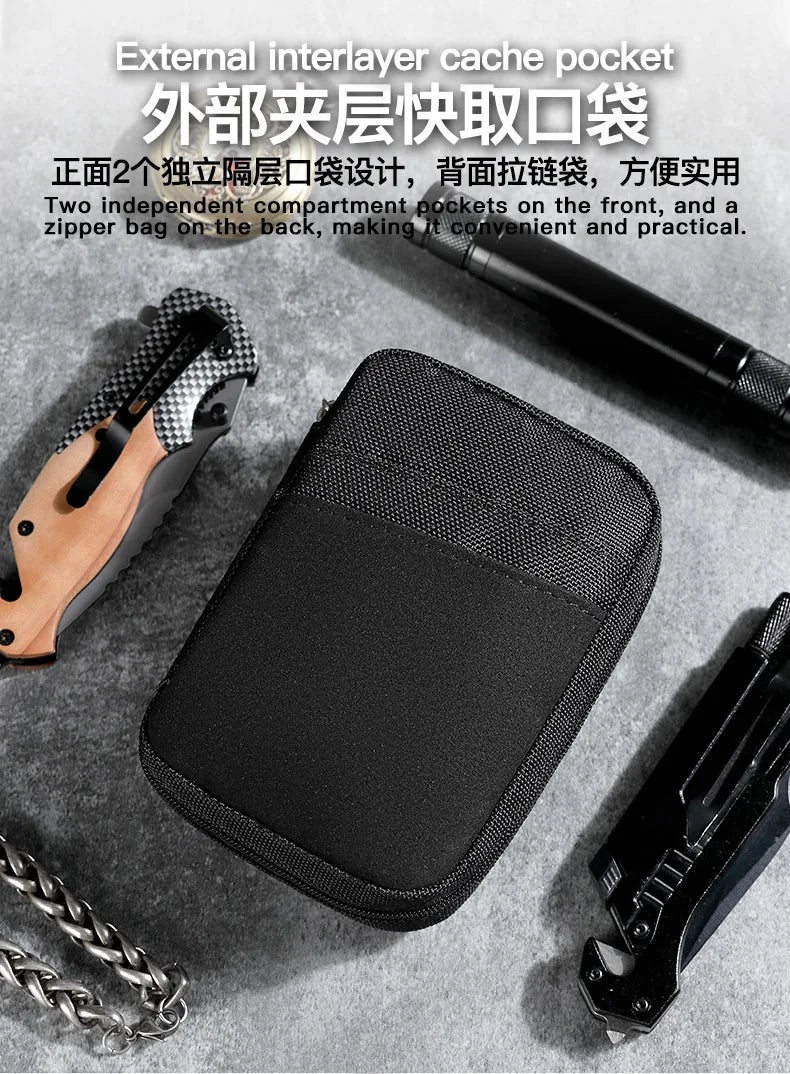 A black interlayer cache pocket organizer pouch is shown next to various tools and a chain on a gray background.