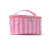 Bolsa de almacenamiento cosmético a rayas rosas con ventana de plástico transparente y asa de tela rosa.