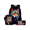 A black backpack featuring a colorful wolf cartoon design, shown with an attached lunch bag and pencil case.