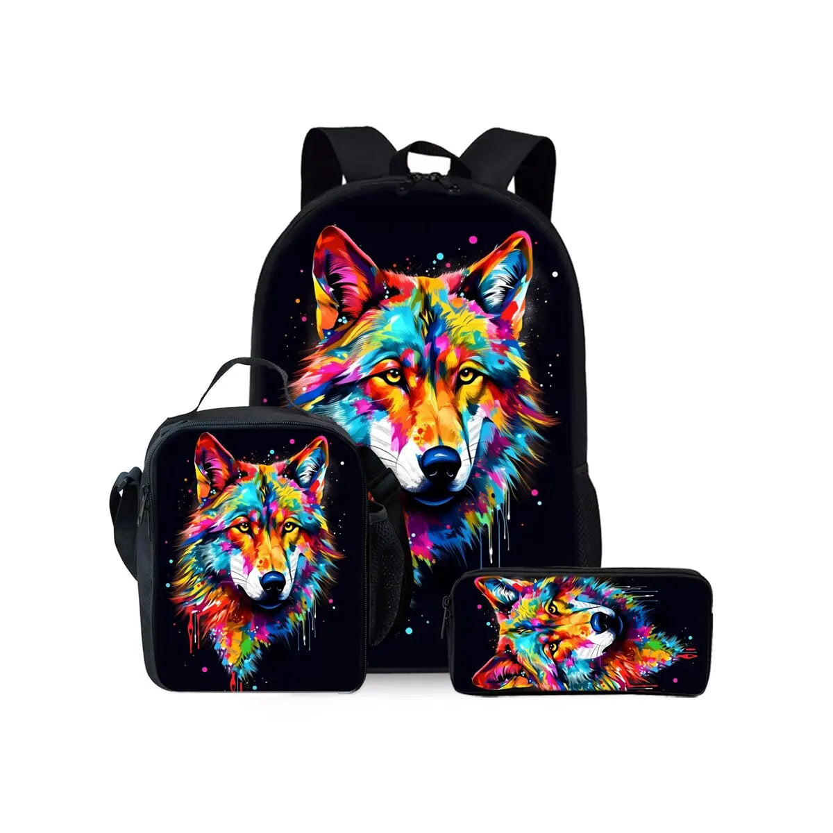 A black backpack featuring a colorful wolf cartoon design, shown with an attached lunch bag and pencil case.