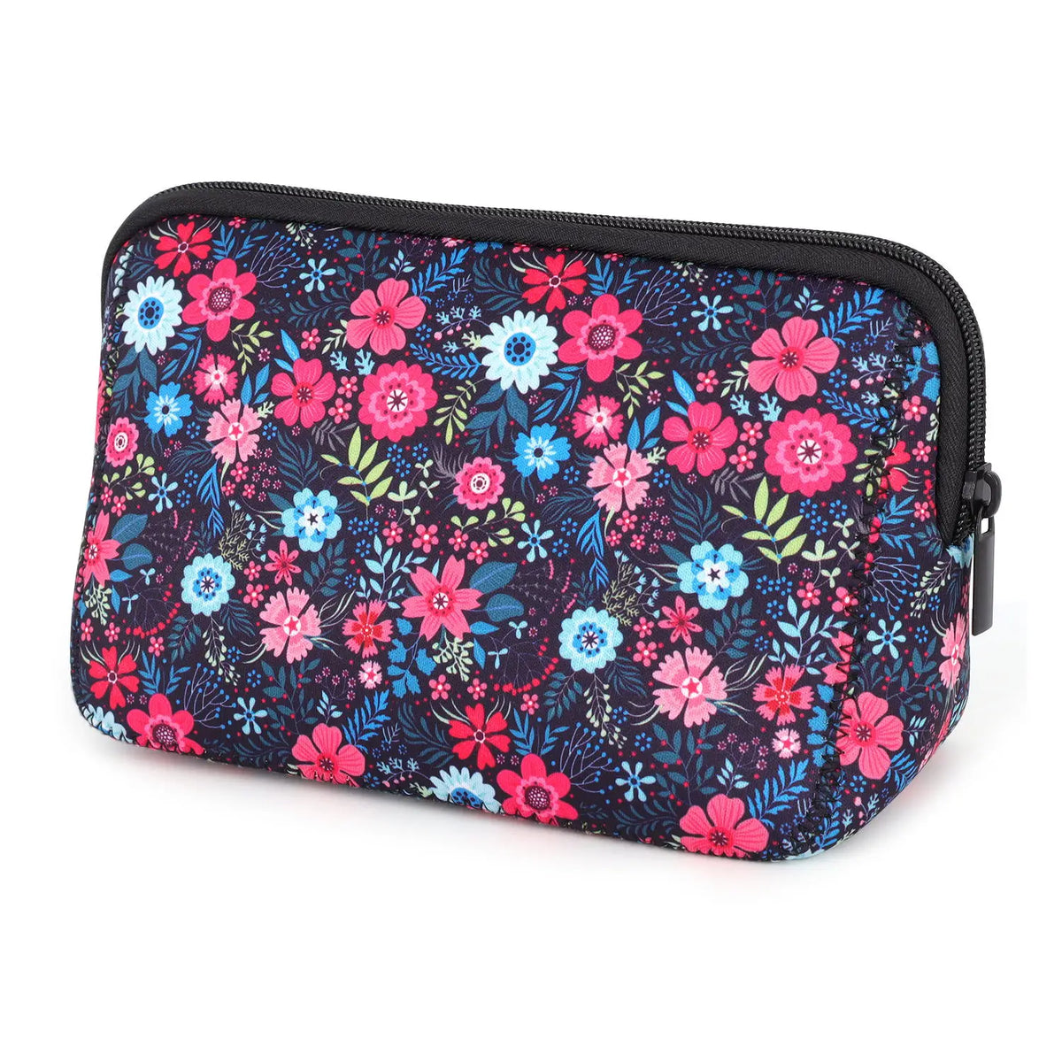 A dark blue floral patterned cosmetic organizer bag with a black zipper.