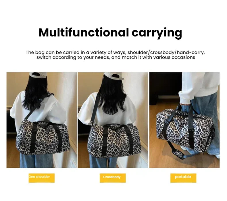 Bolsa multifuncional de estampado de leopardo mostrada en diferentes estilos: sobre el hombro, cruzada y portátil.