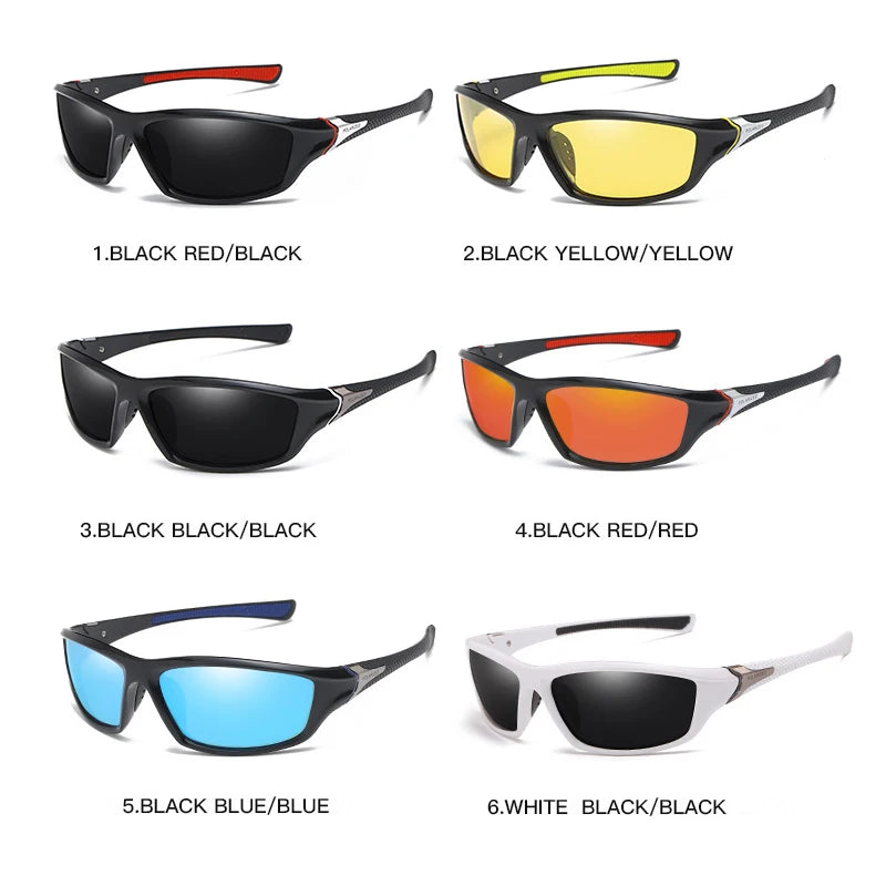 Seis pares de gafas deportivas polarizadas en diversas combinaciones de negro, amarillo y blanco.