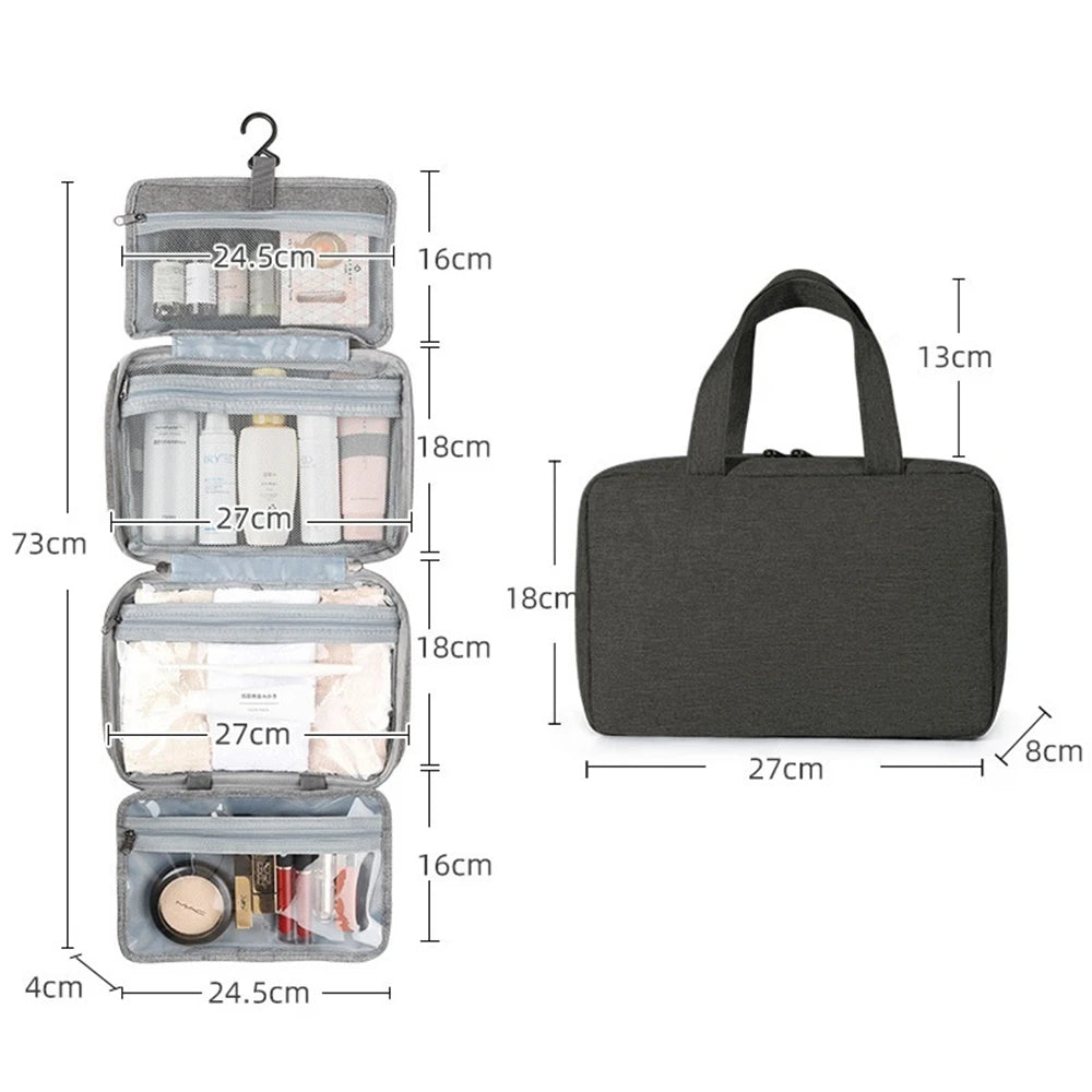 A gray travel toiletry bag with a hanging hook, showing its dimensions and interior compartments.