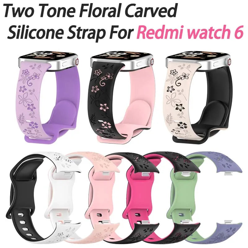 Variedad de correas florales de silicona bicolor para relojes inteligentes Redmi Watch 6 en morado, rosa, negro y blanco.