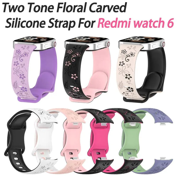 A variety of two-tone floral silicone straps for Redmi Watch 6 smartwatches in purple, pink, black, and white.