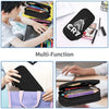 A multi-function black leather pencil case shown in various uses including storage and as a notebook cover.