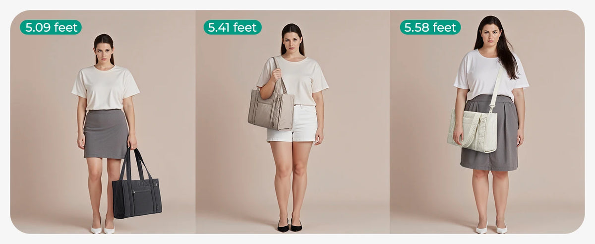 Three women model a lightweight quilted crossbody tote bag in gray and white tones.