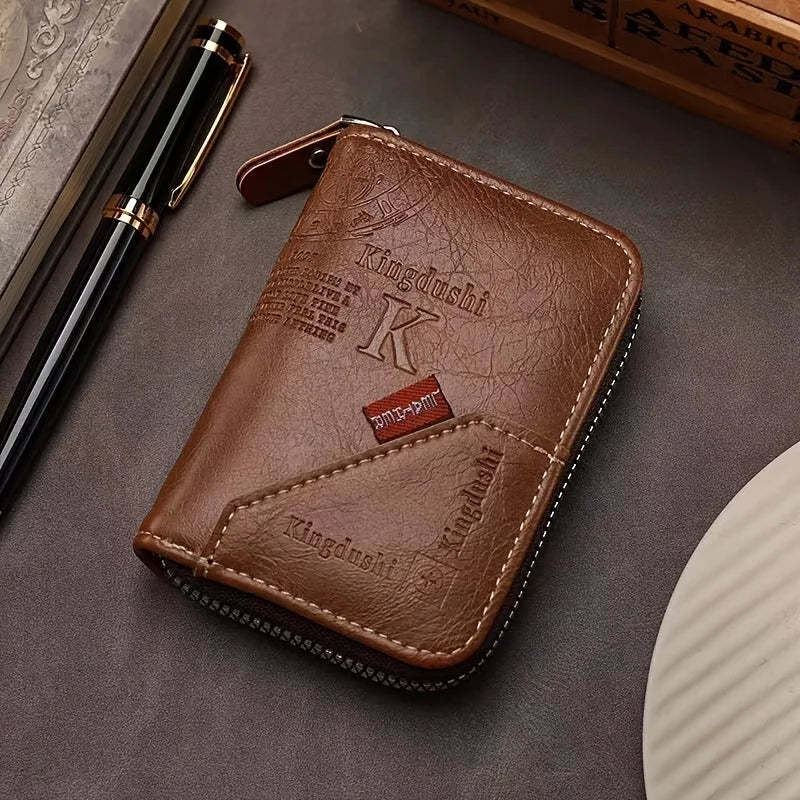 A brown vintage PU leather slim wallet with a gold-edged card slot and embossed K logo resting on a dark surface.