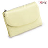 A pale yellow genuine leather mini card holder wallet with a silver zipper visible.