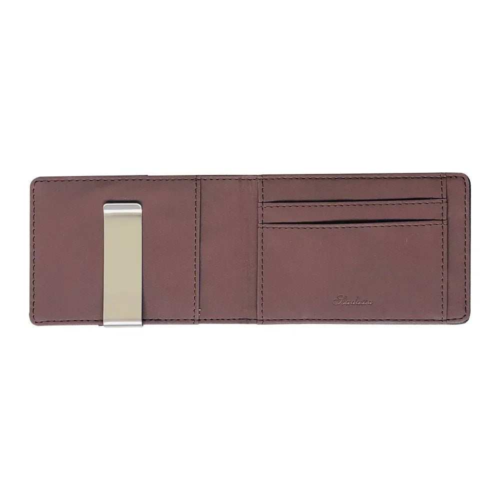 A brown leather slim bi-fold wallet featuring a metal money clip and a card slot.