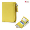 A yellow genuine leather slim bi-fold wallet with a zipper and card slots.