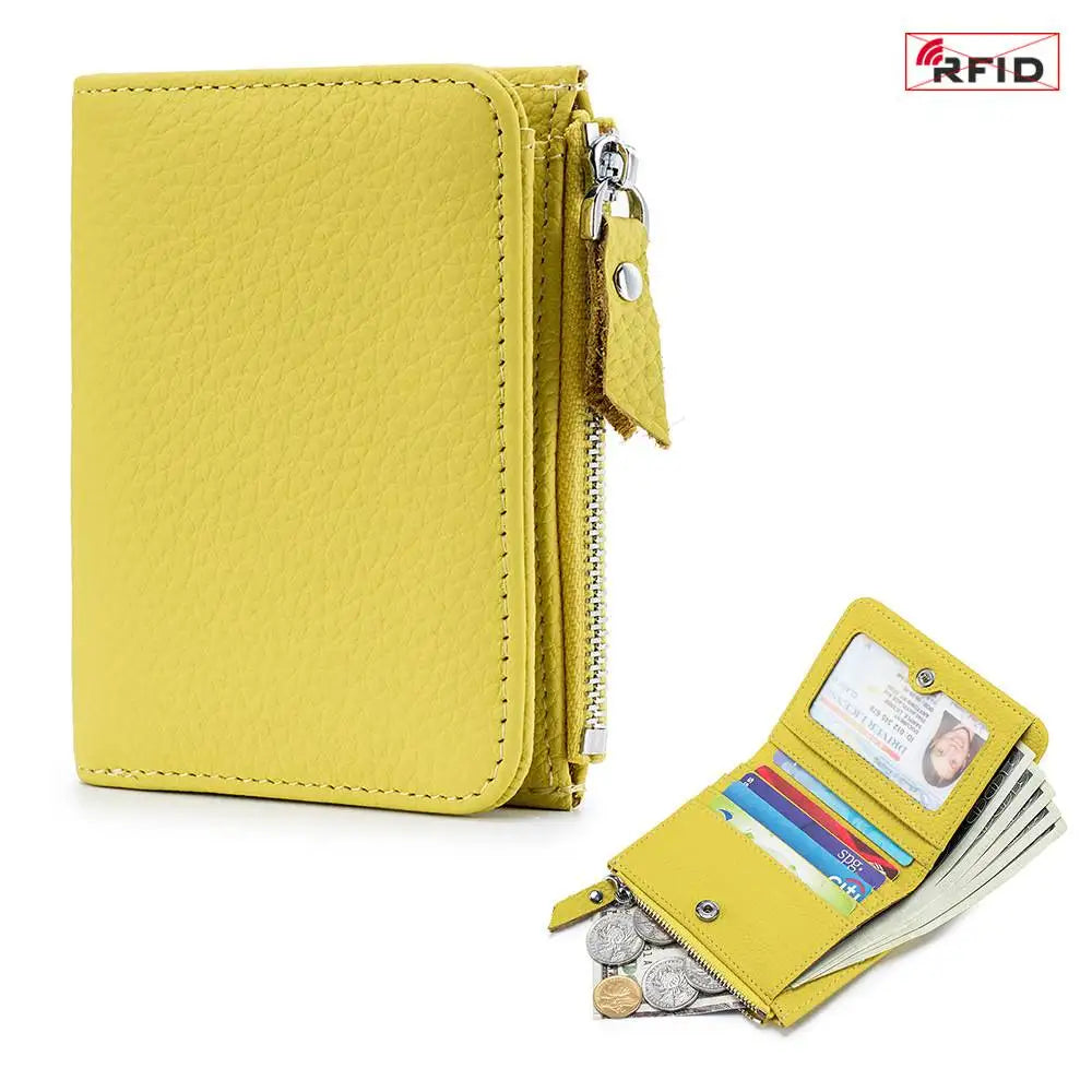 A yellow genuine leather slim bi-fold wallet with a zipper and card slots.