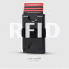 A black RFID blocking metal pop-up card wallet with multiple slots for cash and bills.