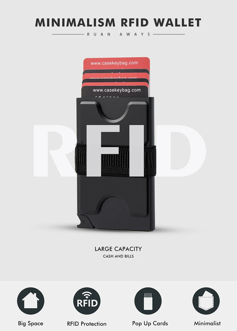 A black RFID blocking metal pop-up card wallet with multiple slots for cash and bills.