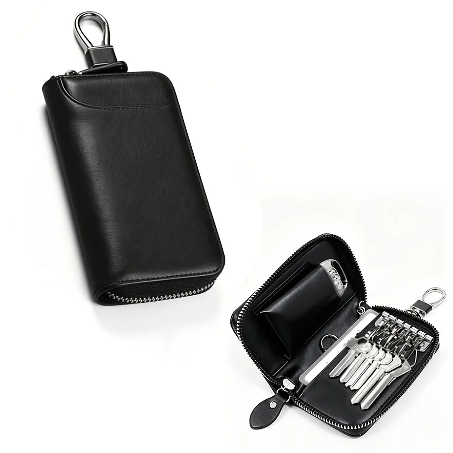 Black compact PU leather key organizer wallet with a zippered closure and a separate compartment for keys.