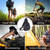 Collage von Aktivitäten wie Reisen, Wandern, Radfahren, Bergsteigen und Outdoor-Camping mit einem taktischen MOLLE-Gurt
