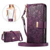 A purple zippered leather crossbody phone wallet case for an iPhone, shown next to a model wearing a similar bag.