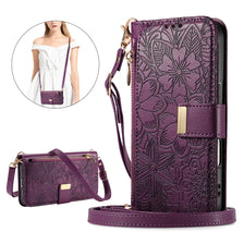 A purple zippered leather crossbody phone wallet case for an iPhone, shown next to a model wearing a similar bag.