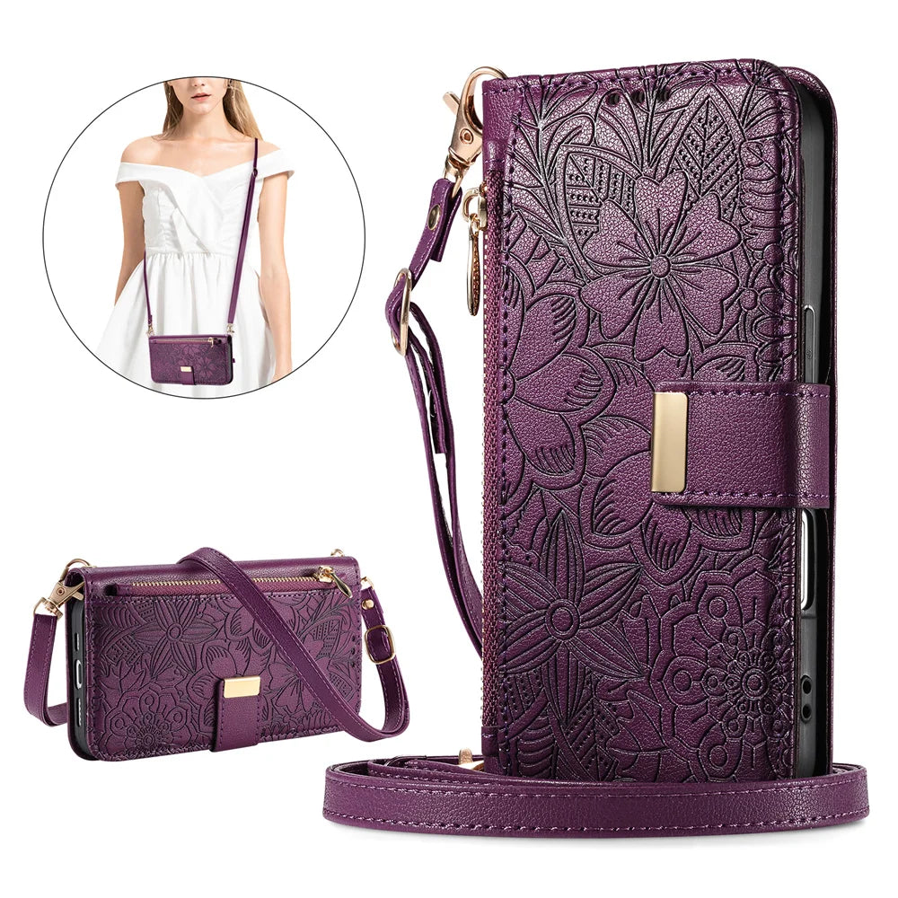 A purple zippered leather crossbody phone wallet case for an iPhone, shown next to a model wearing a similar bag.