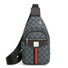 A dark gray patterned sling bag with a brown strap and black accents.