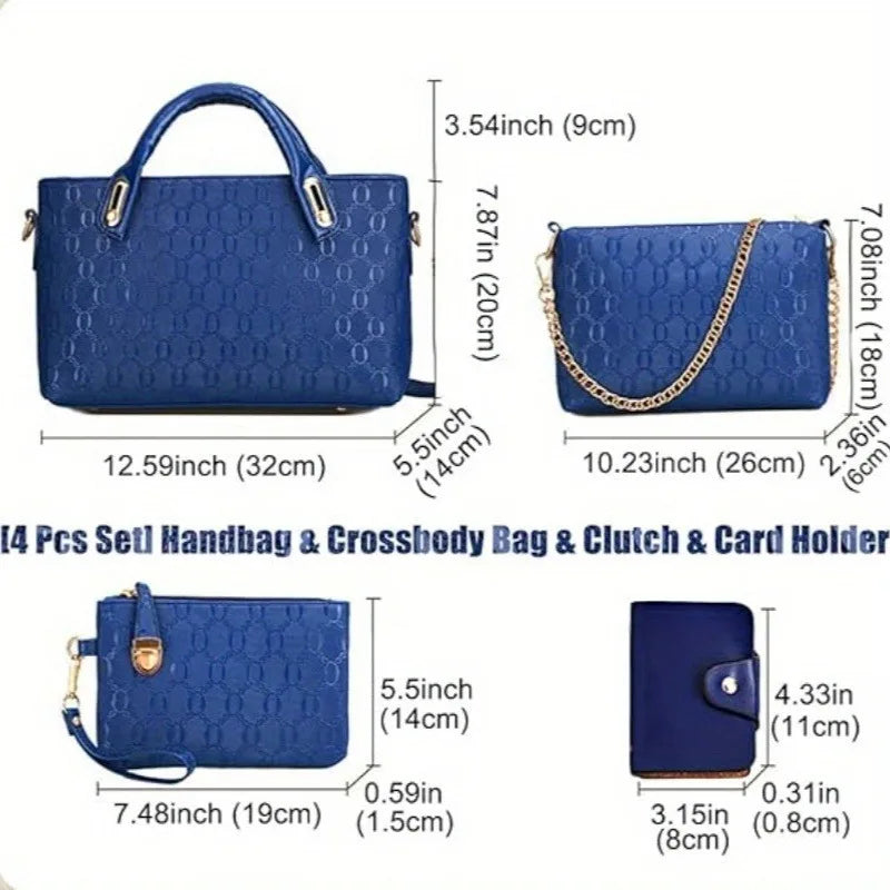 A set of four navy blue embossed PU handbags, including a handbag, crossbody bag, clutch, and card holder.