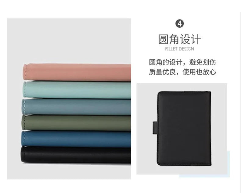 A set of four slim PU leather RFID blocking passport and ID wallets in various muted colors, including pink, mint green, slat