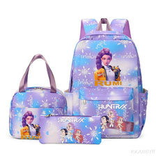 Un ensemble de sac à dos violet à plusieurs compartiments avec un design de personnage de fille et des motifs de flocons de n