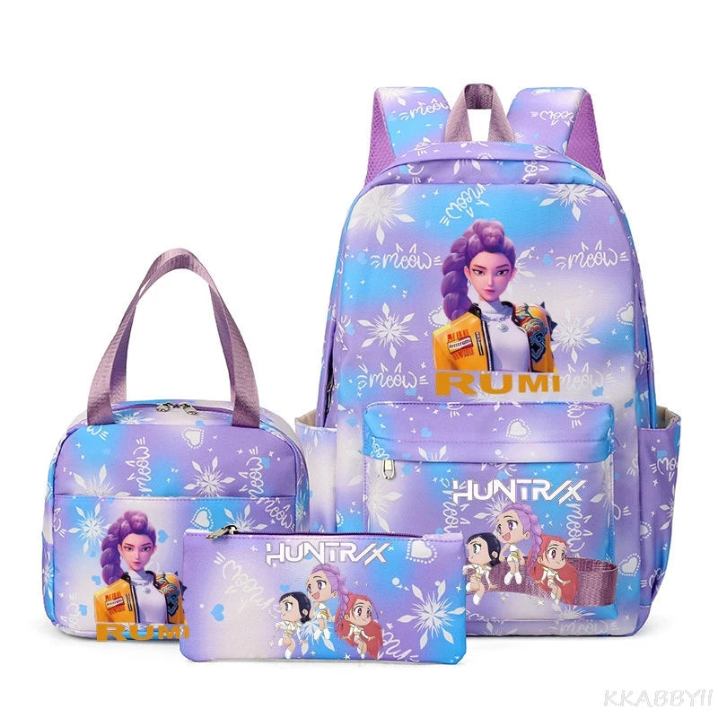 A purple multi-compartment backpack set featuring a girl character design and white snowflake patterns.