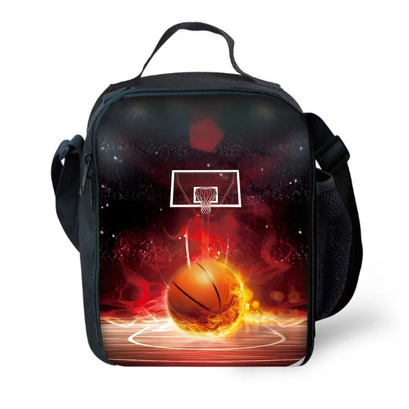 A black sports backpack featuring a vibrant graphic of a basketball with fiery effects and sparkling lights.