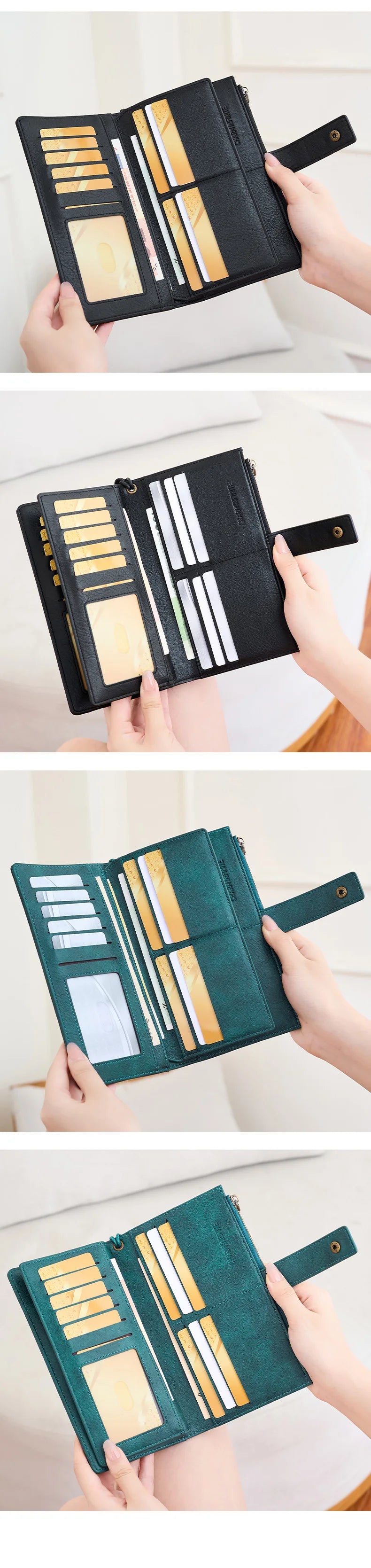 Primer plano de una cartera de cuero verde oscuro con tarjetas bloqueadoras de RFID y ranuras para efectivo.
