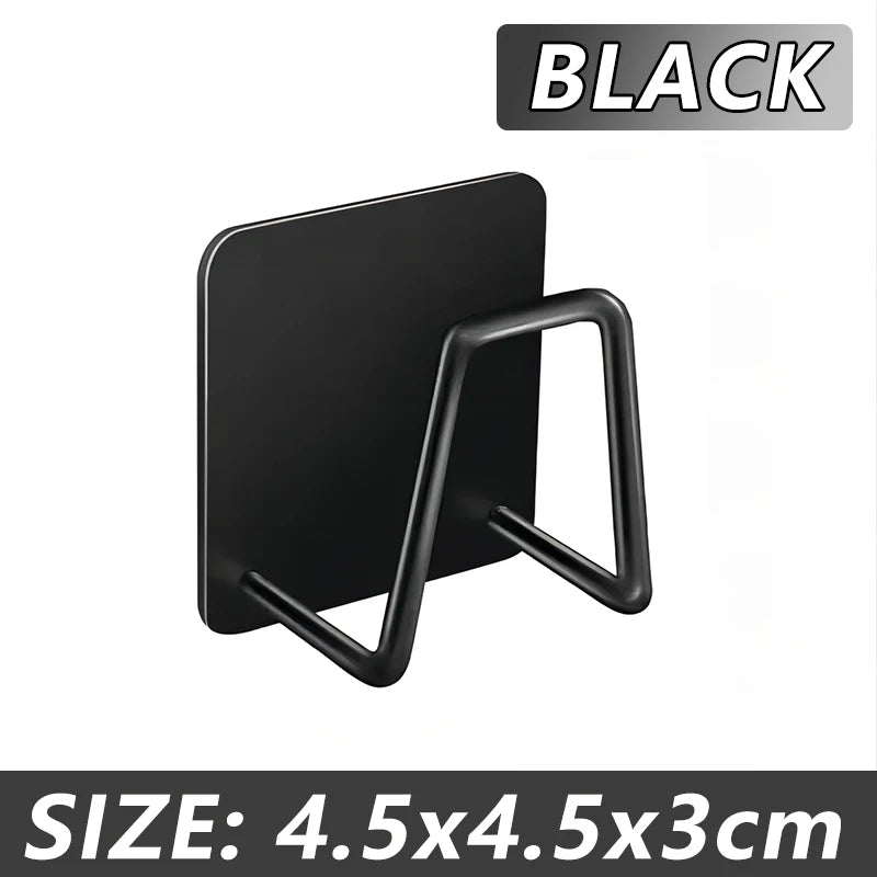 Support éponges pour évier en acier inoxydable noir avec barre de suspension.