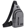 A gray men's versatile crossbody sling chest bag with black strap and zipper details.