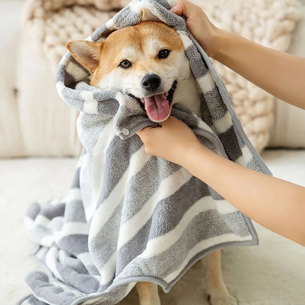 Un chien duveteux est enveloppé dans un peignoir de bain pour animaux rayé gris et blanc à séchage rapide.