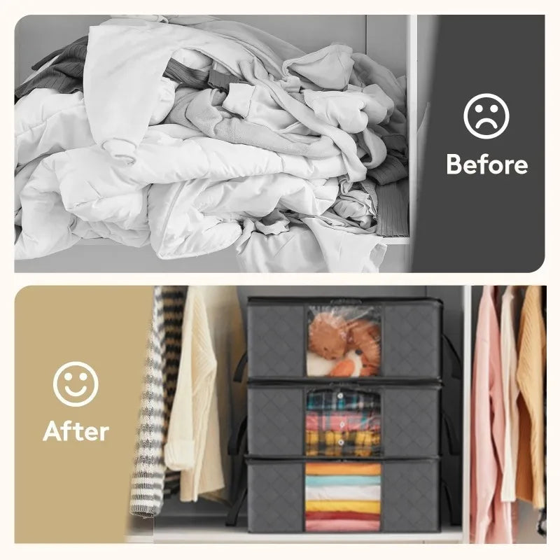 Before and after comparison showing the transformation of messy clothing and bedding into organized storage bags