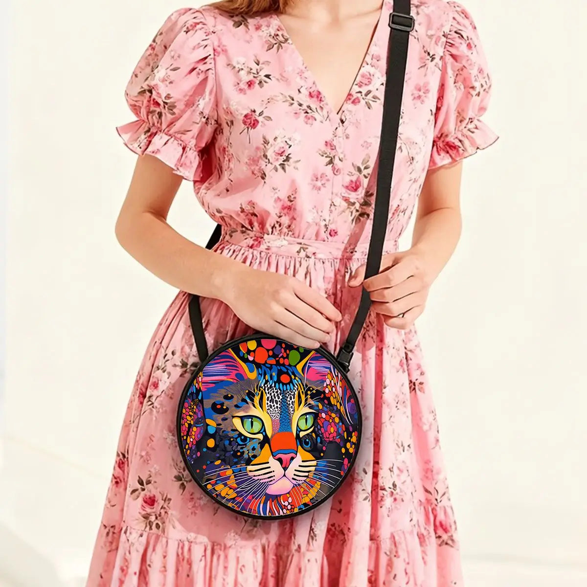 A woman wearing a pink floral dress carrying a round, colorful cartoon cat crossbody bag.