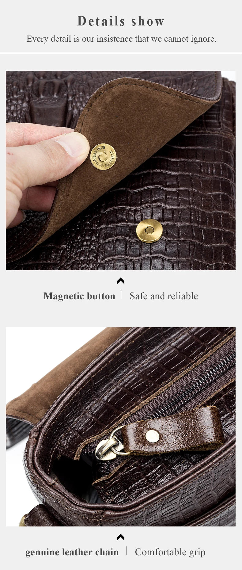 Nahaufnahme einer dunkelbraunen Lederhandtasche mit magnetischer Knopfs und echtem Lederkettendetail.