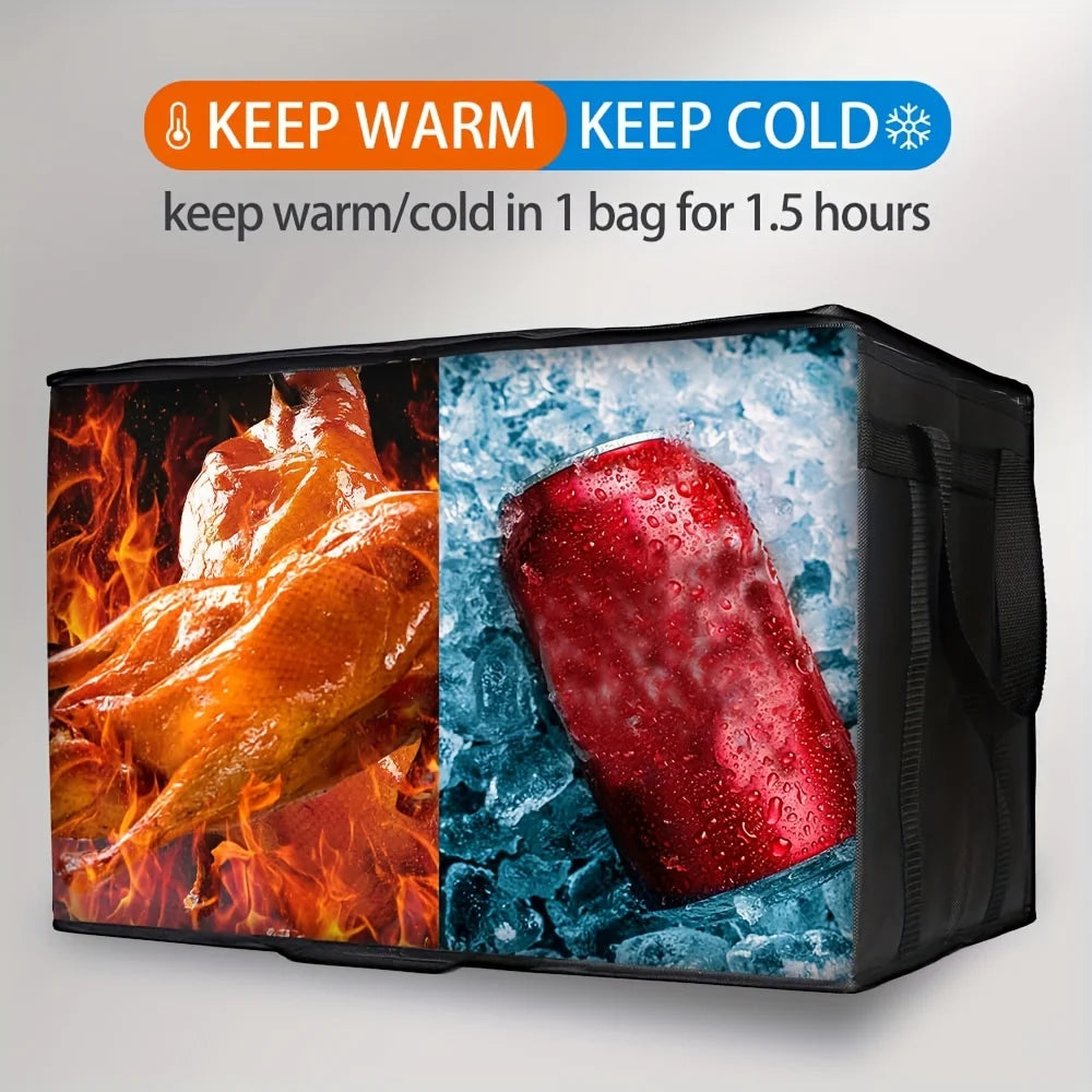 A black insulated bag showing a split view of hot cooked meat and frozen food inside.