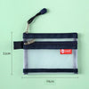 A navy blue double-layer zippered pouch with a clear plastic window and a black strap.