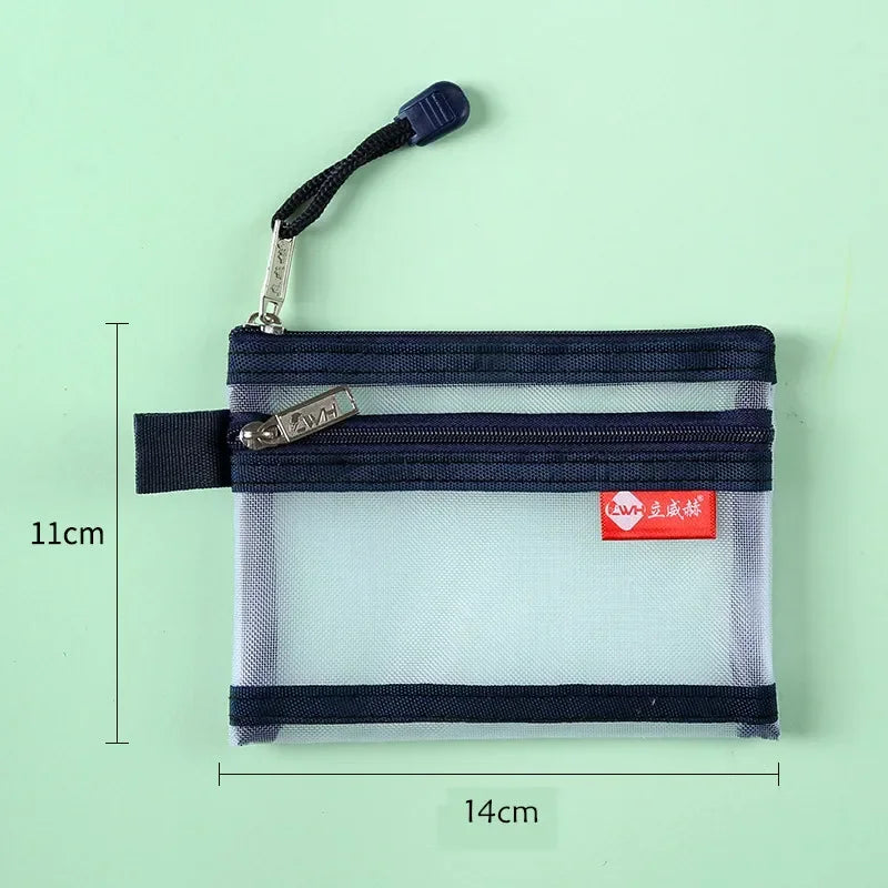 A navy blue double-layer zippered pouch with a clear plastic window and a black strap.